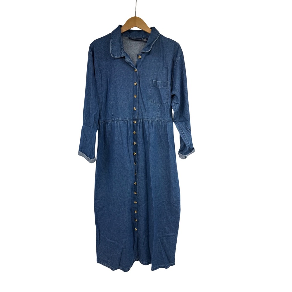 VTG Mountain Lake Womens Denim Maxi Dress Teacher Modest Cotton‎ Button Front M
